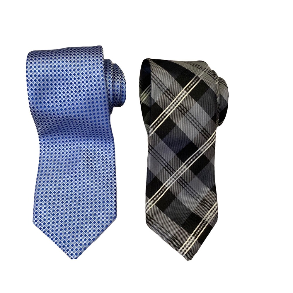 Two Geoffrey Beene‎ Ties Workwear 100% Silk, Geometric Black NWT & Blue NWOT